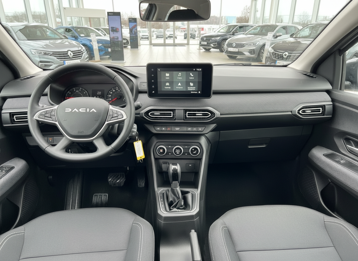 Dacia Innenraum Cockpit mit Touchscreen, Automatikgetriebe und grauen Sitzen im Autohaus