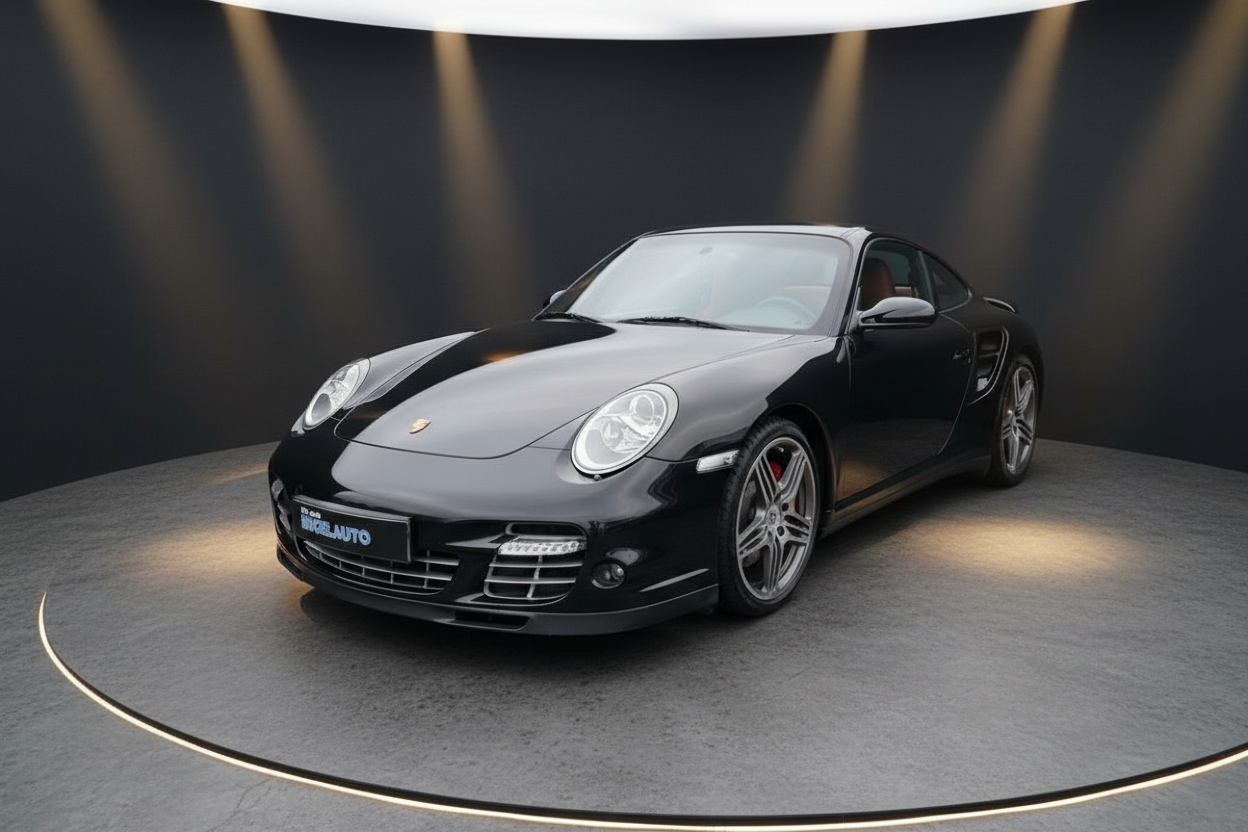 Schwarzer Porsche 911 Turbo 997 Coupé in professionellem Fotostudio