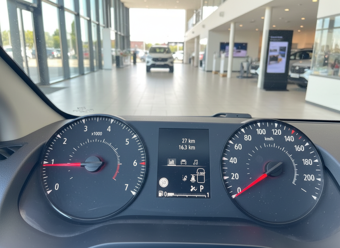 Mitsubishi Fahrzeug Armaturenbrett mit Tachometer und Drehzahlmesser im Autohaus