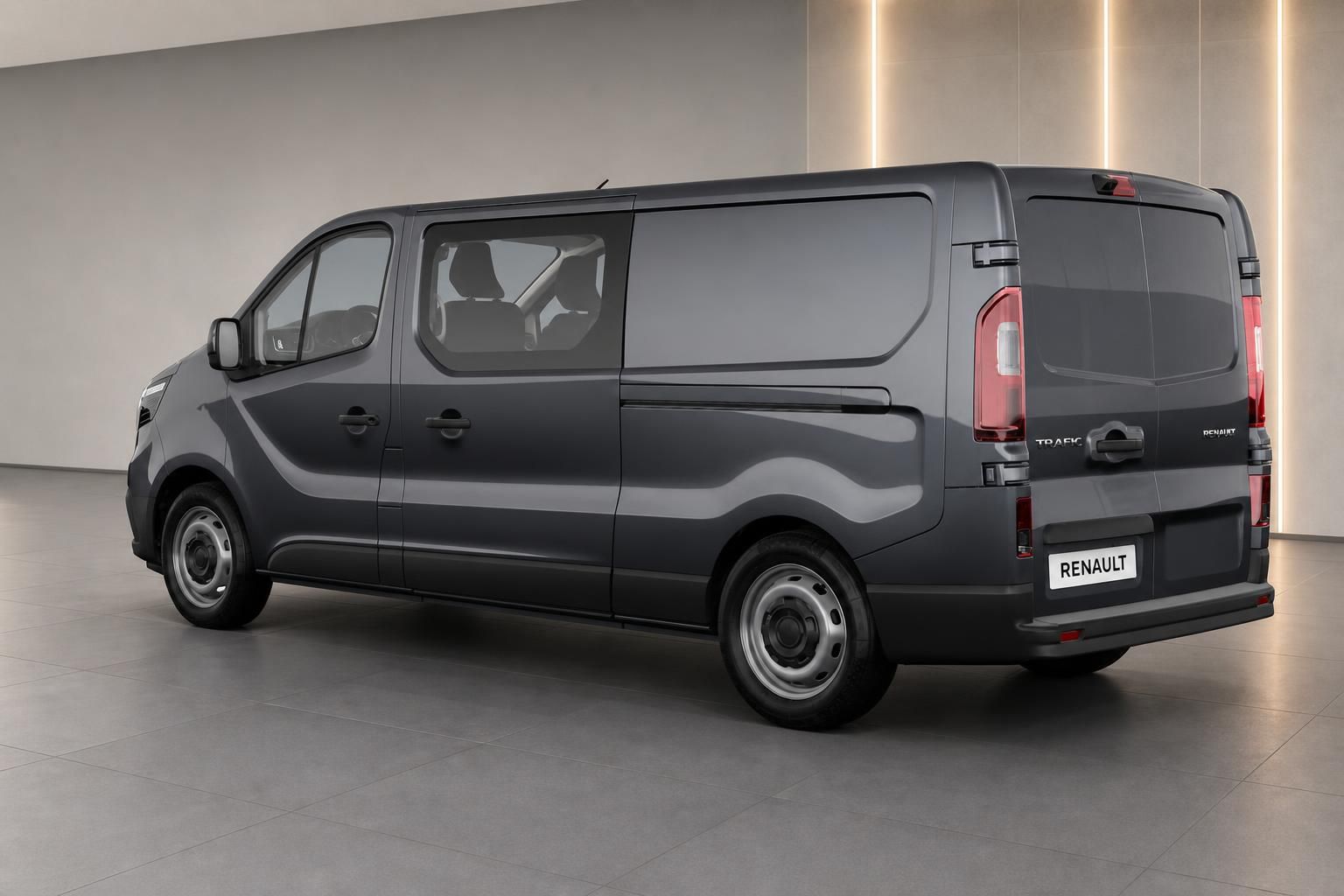 Renault Trafic Kastenwagen, Heckansicht seitlich in dunklem Grau