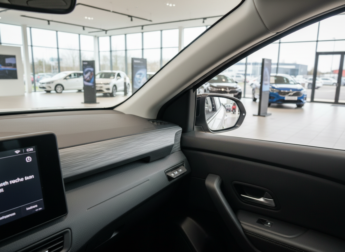 Fahrzeug-Innenraum mit Infotainment-Display und Beifahrer-Armaturenbrett in modernem Autohaus