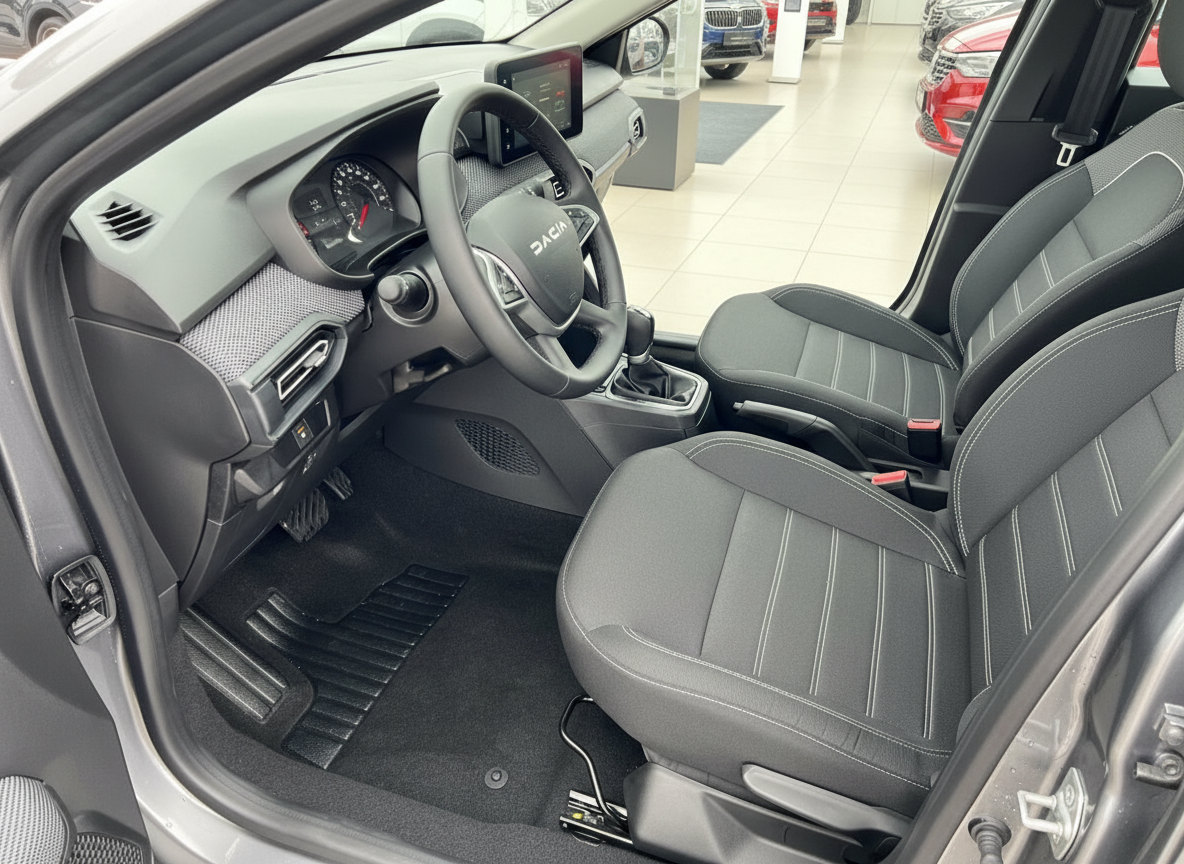 Dacia Innenraum mit schwarzen Stoffsitzen, Lenkrad und Schaltgetriebe – Fahrerseite