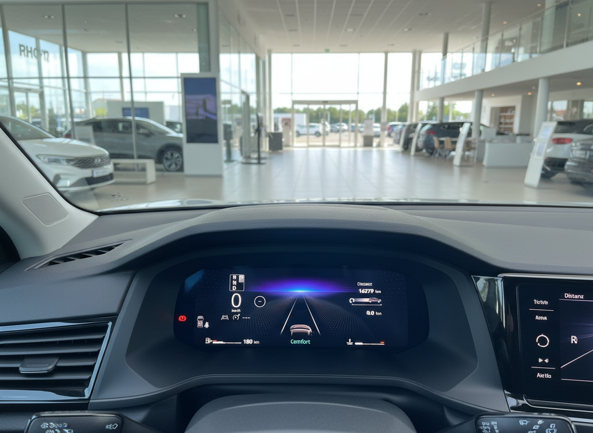 Volkswagen Fahrzeuginnenraum mit digitalem Cockpit im Autohaus