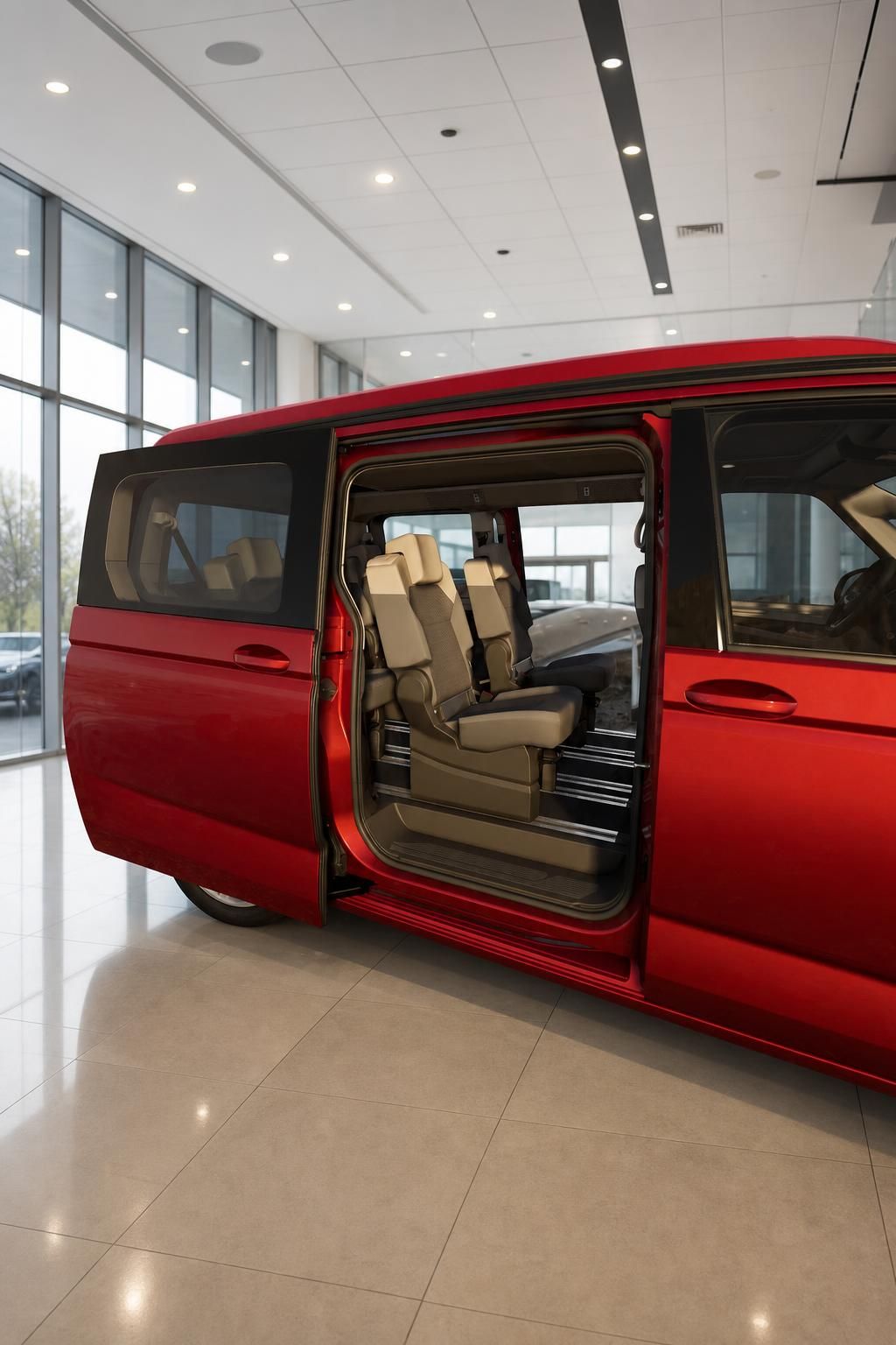 VW California rot mit geöffneter Schiebetür und Innenraumsitzen