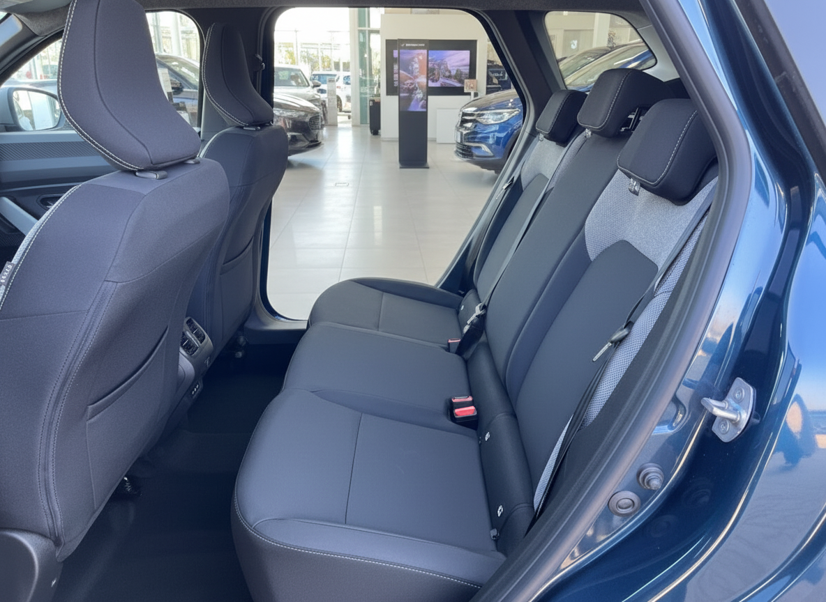 Blauer SUV Innenraum Rücksitzbank mit schwarzen Stoff-Ledersitzen im Autohaus