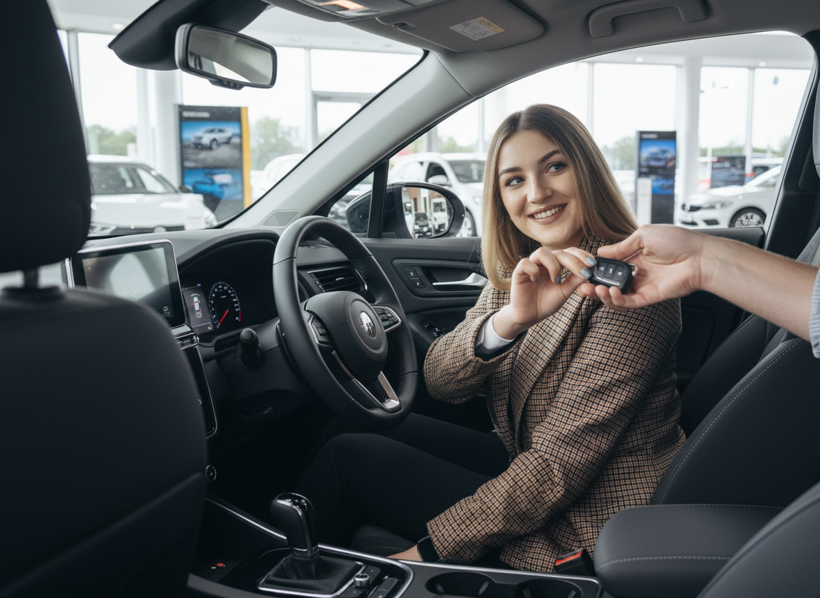 Frau sitzt im Fahrersitz eines neuen Fahrzeugs und erhält Autoschlüssel im Autohaus