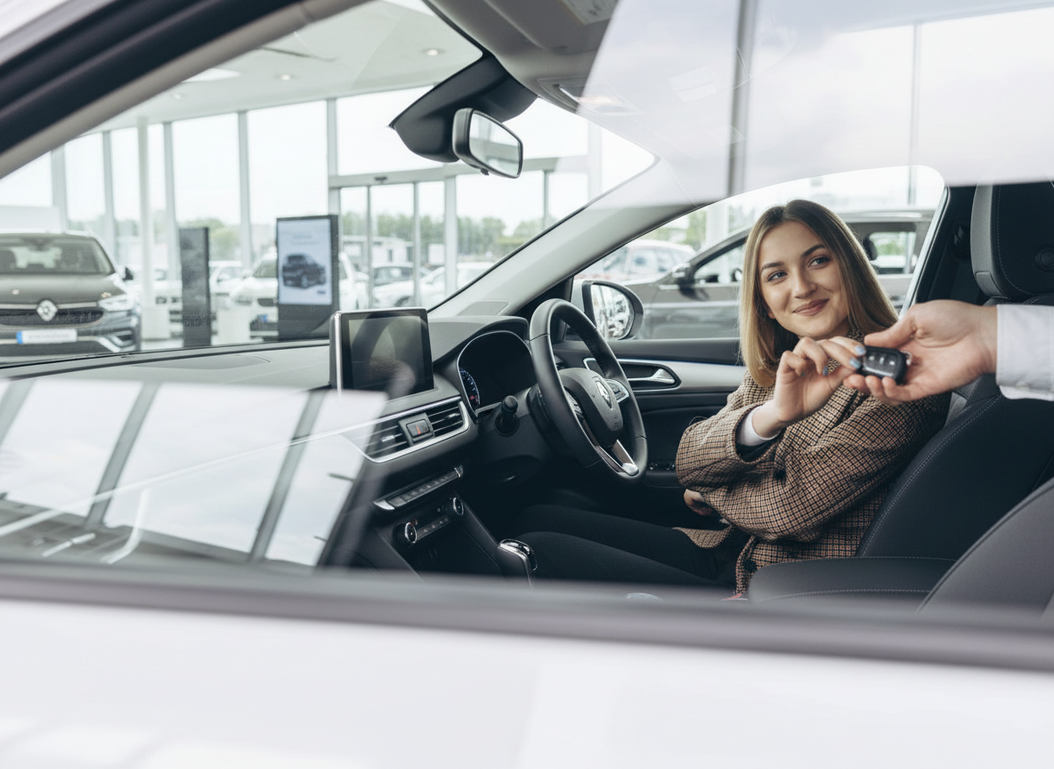 Frau sitzt im Fahrzeug-Innenraum und nimmt Autoschlüssel entgegen – Autohaus-Übergabe