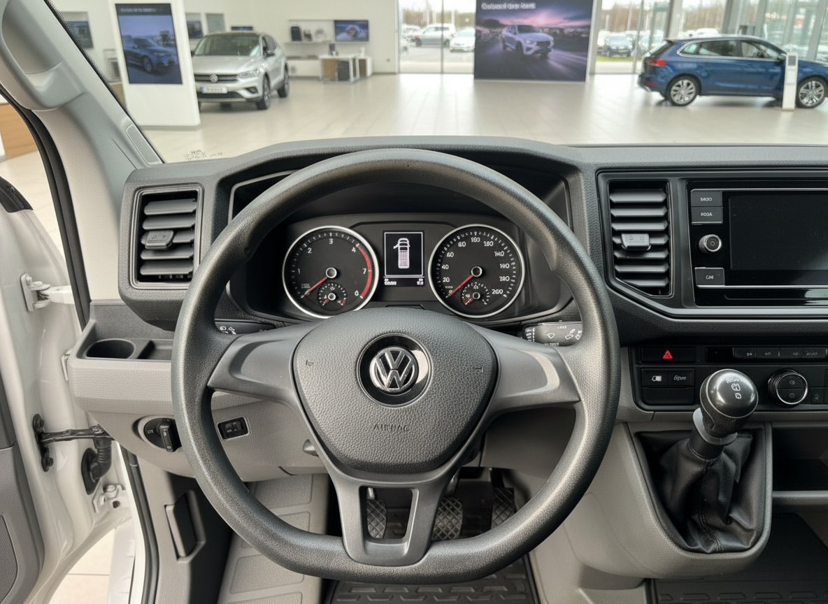 Volkswagen Transporter T6 Innenraum mit Lenkrad, Armaturenbrett und Schaltgetriebe im VW-Autohaus