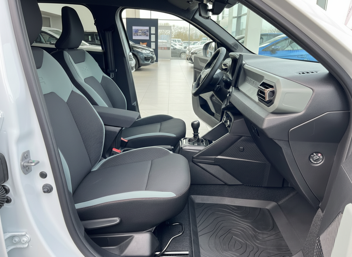 Dacia Duster Innenraum Fahrersitz mit schwarzen Sitzen und grauer Akzentfarbe