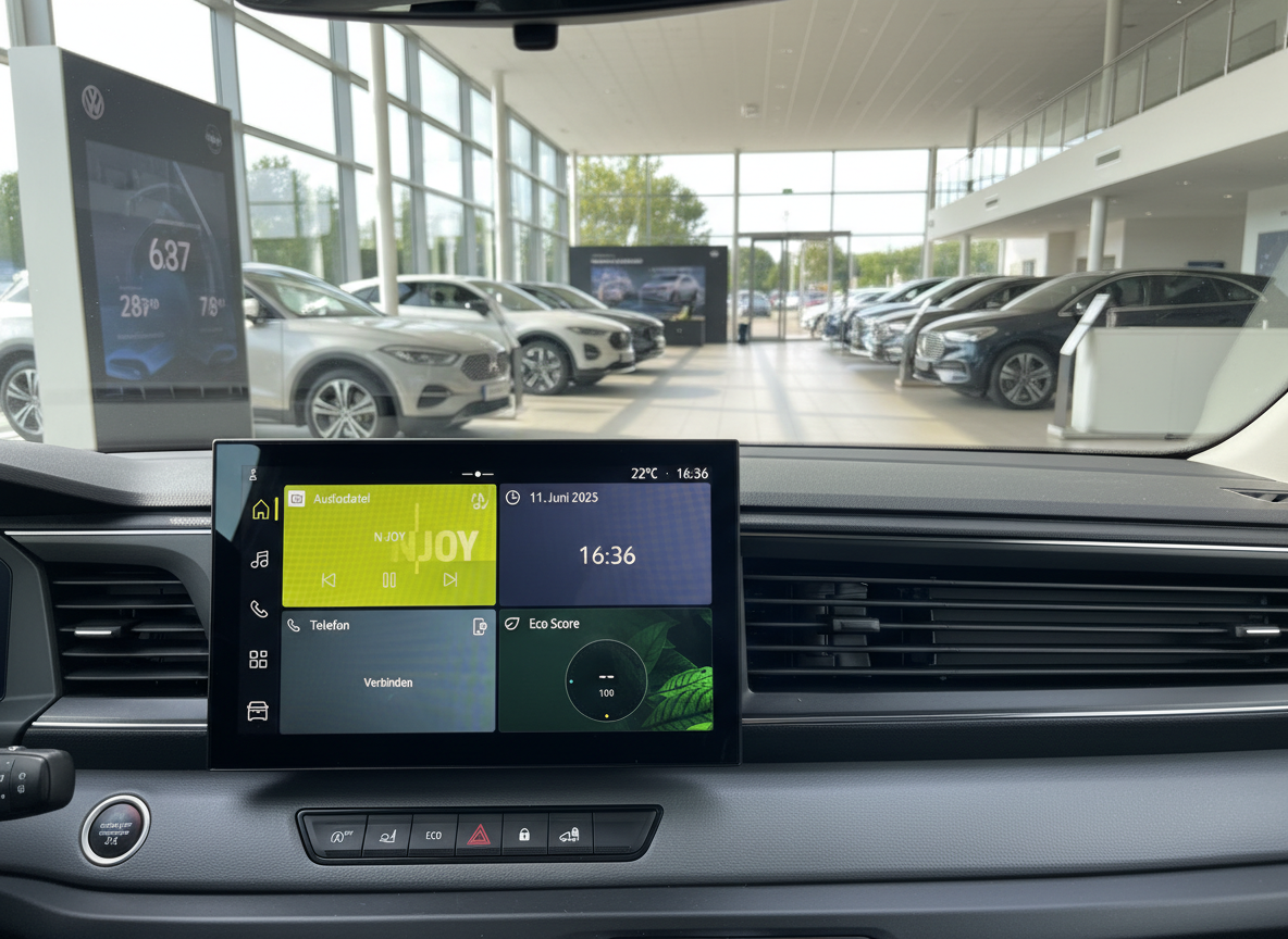 VW Innenraum Infotainment-Display mit N-JOY Radio und Eco Score im Autohaus