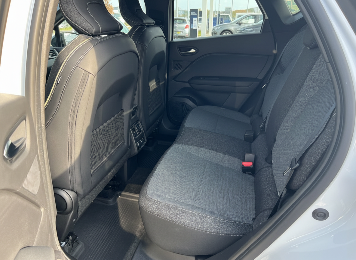 Fahrzeuginnenraum Rücksitzbank mit schwarzen Ledersitzen und grauen Stoffsitzen in modernem SUV