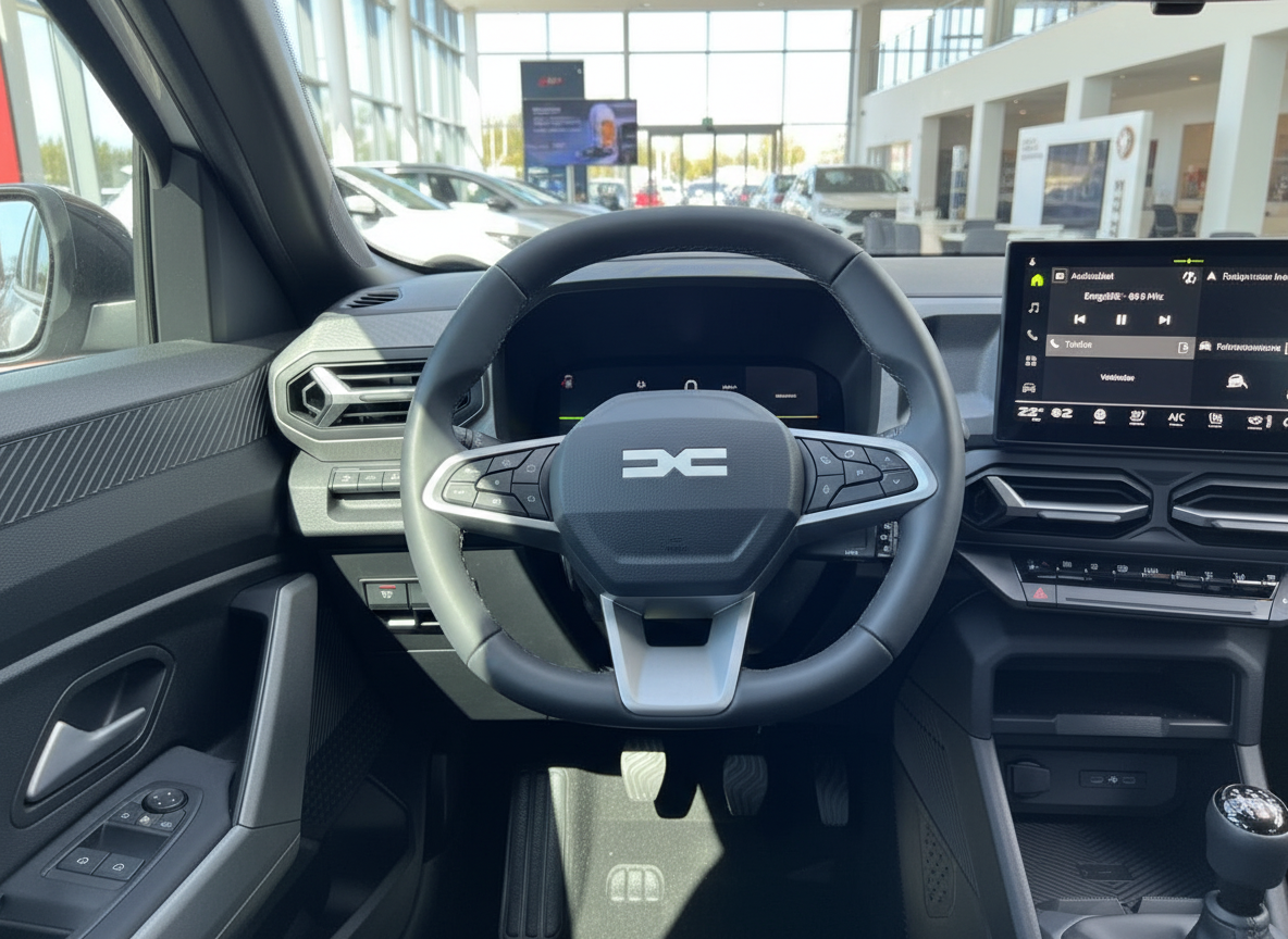 Dacia Innenraum mit Lenkrad, digitalem Cockpit und Touchscreen-Infotainmentsystem im Autohaus