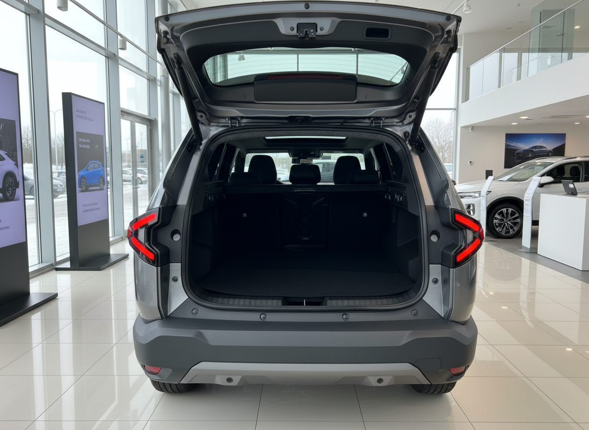 Grauer SUV mit geöffneter Heckklappe und Blick auf den Kofferraum im Autohaus-Showroom