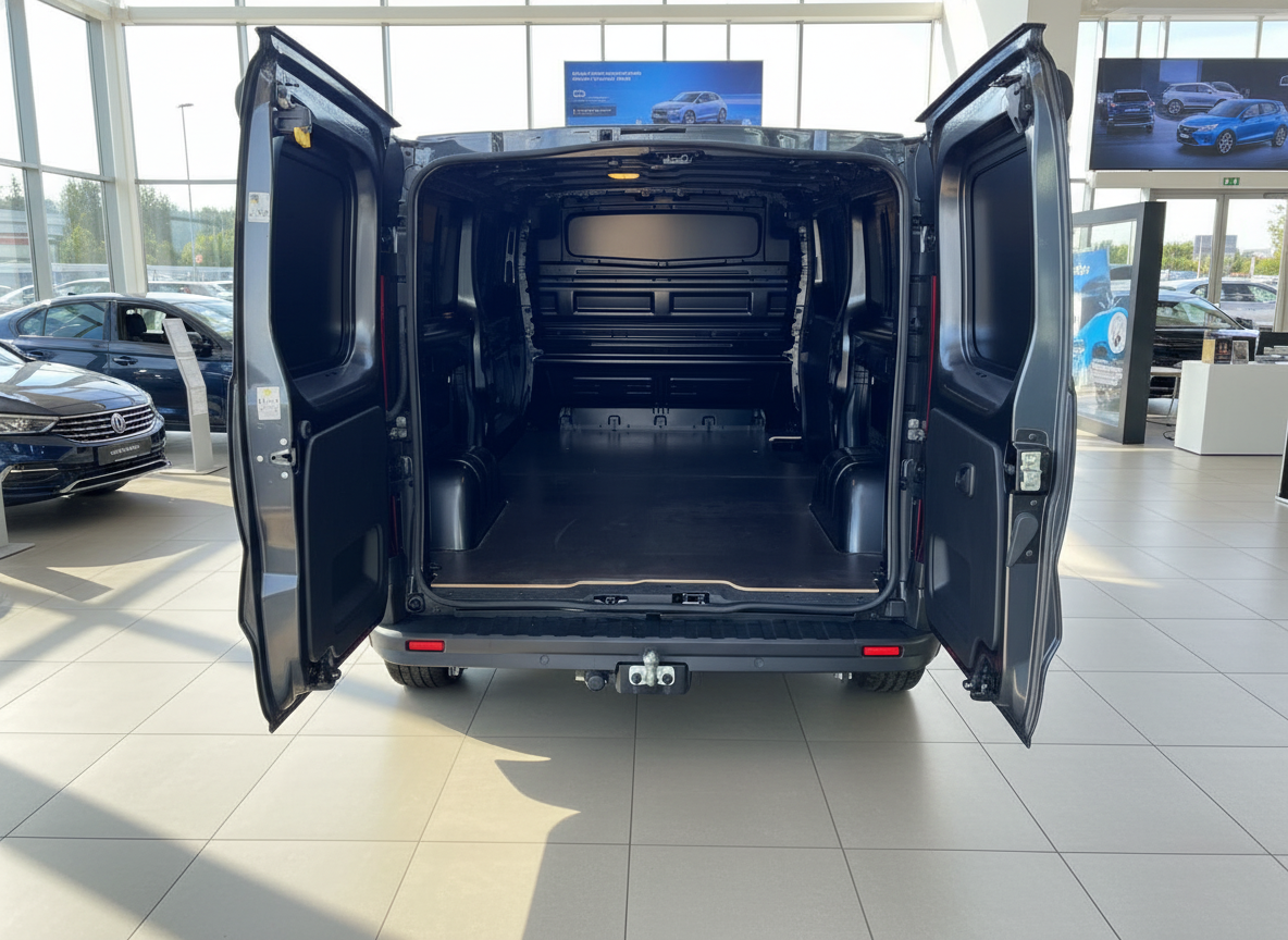 Schwarzer Transporter mit geöffneten Hecktüren im Autohaus – leerer Laderaum