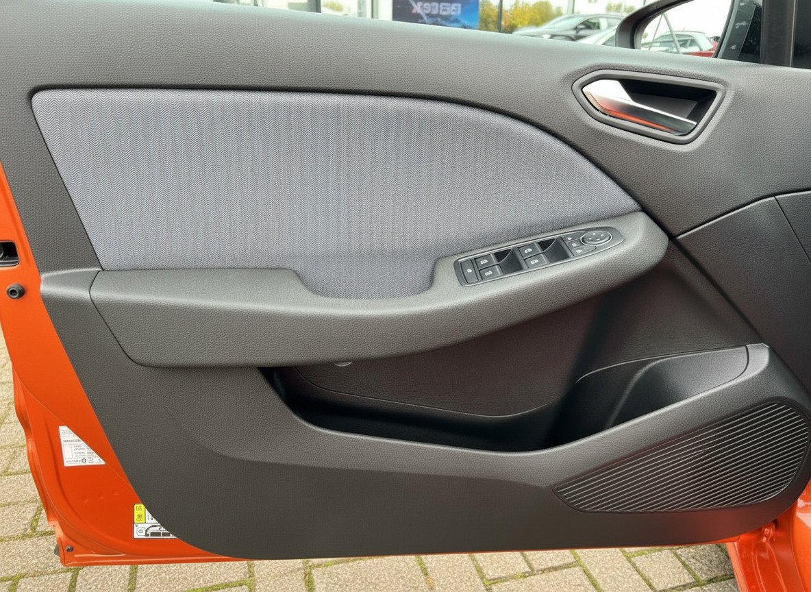 Fahrertür Innenverkleidung orange Fahrzeug mit Fensterheberschalter und grauem Stoffeinsatz