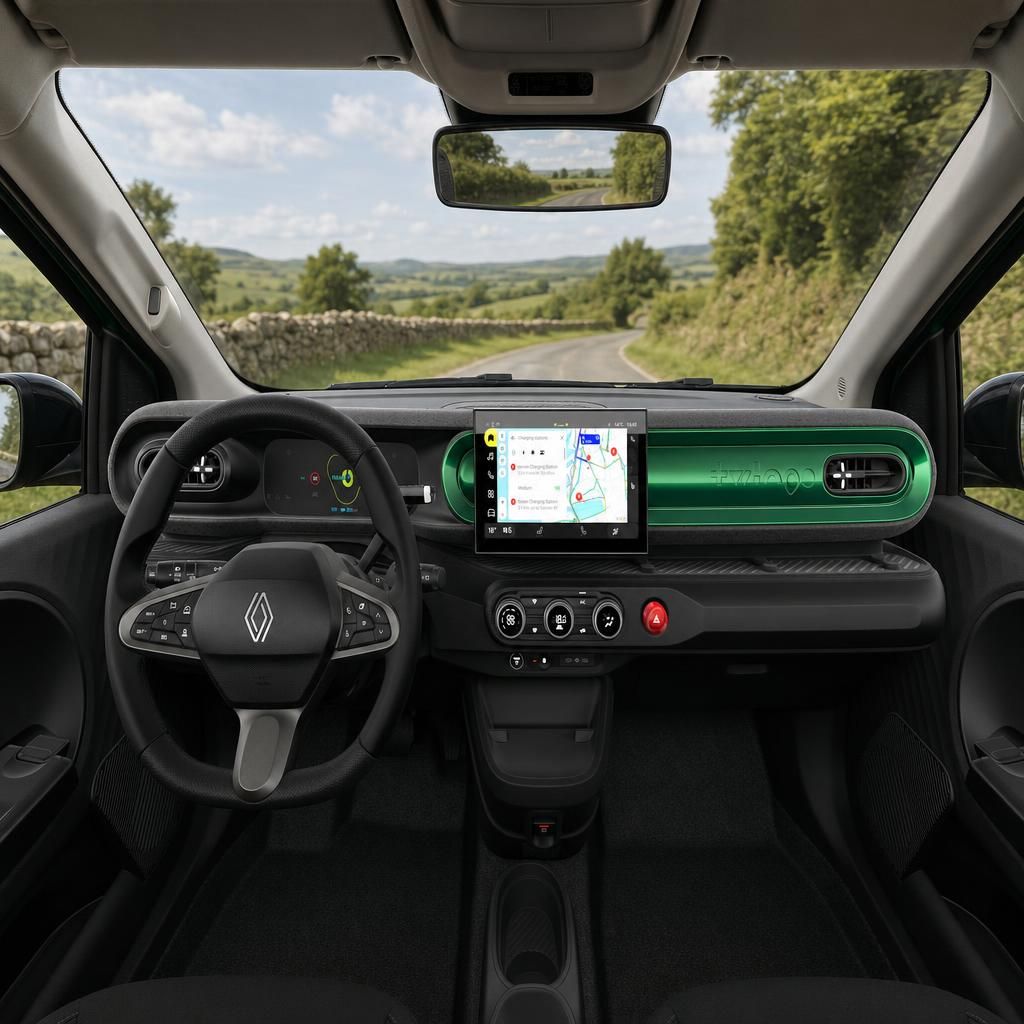 Renault Fahrzeug Innenraum mit modernem Dashboard, grünen Akzenten und Navigationssystem