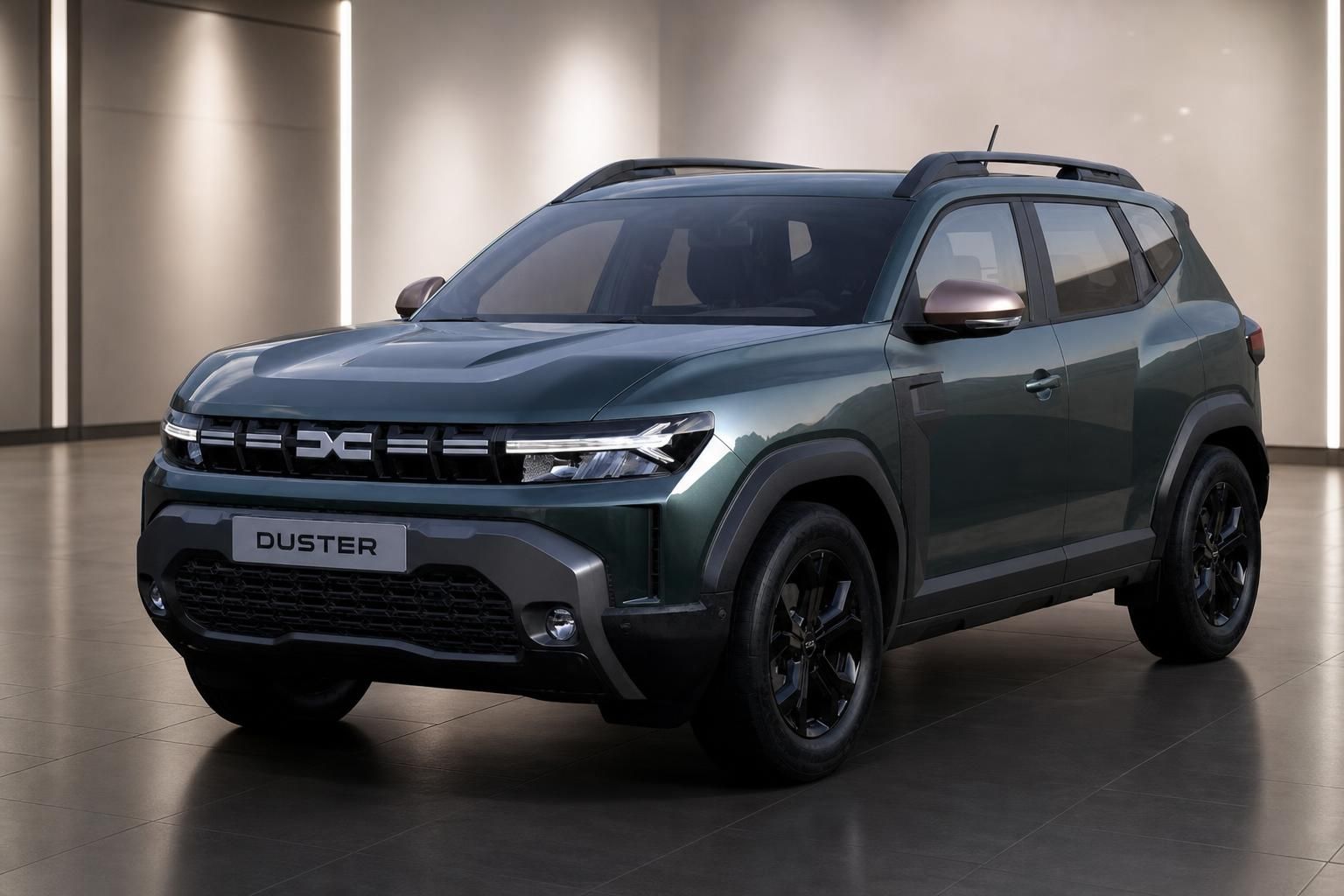 Dacia Duster SUV Dreiviertelansicht schräg vorne links in graugrün metallic mit schwarzen Felgen