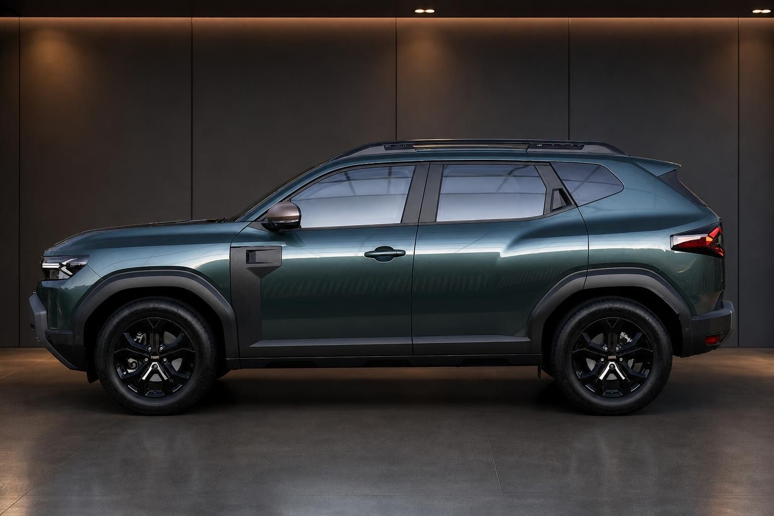 Dacia Duster SUV Seitenansicht links in graugrün metallic mit schwarzen Felgen und Dachreling