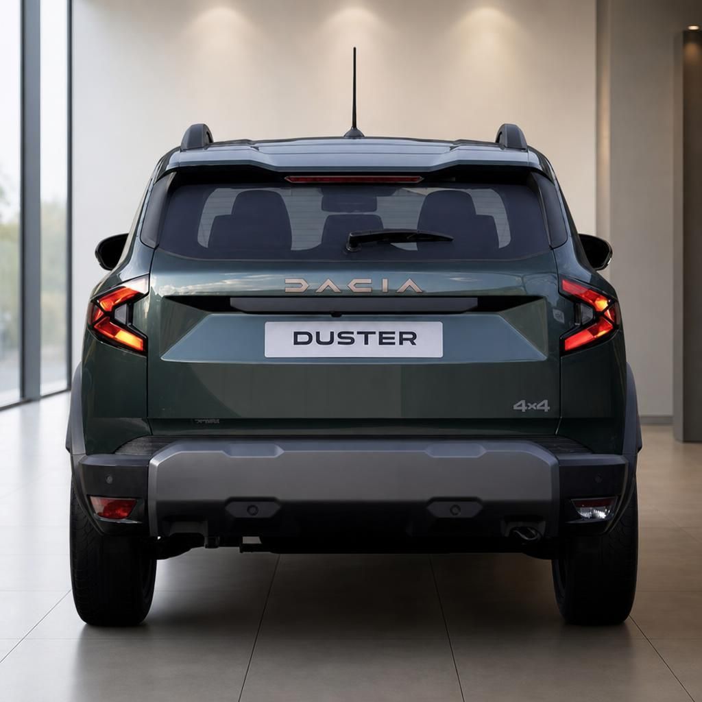 Dacia Duster SUV 4x4 in grün - Heckansicht mit LED-Rückleuchten im Autohaus