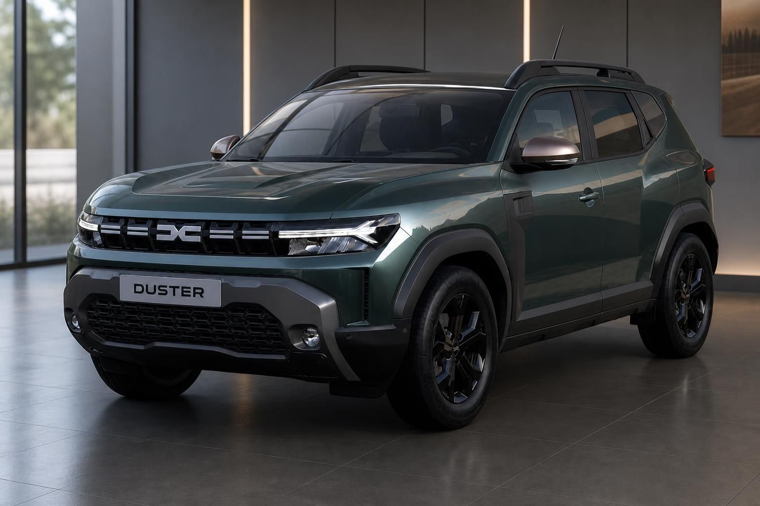 Dacia Duster SUV in grüner Metallic-Lackierung - Frontansicht mit modernem Design und schwarzen Felgen