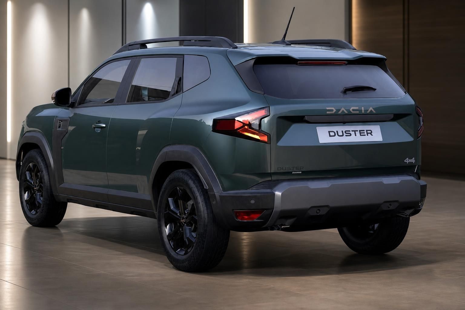Dacia Duster SUV Heckansicht - grüne Lackierung mit modernen LED-Rückleuchten und 4x4 Ausstattung