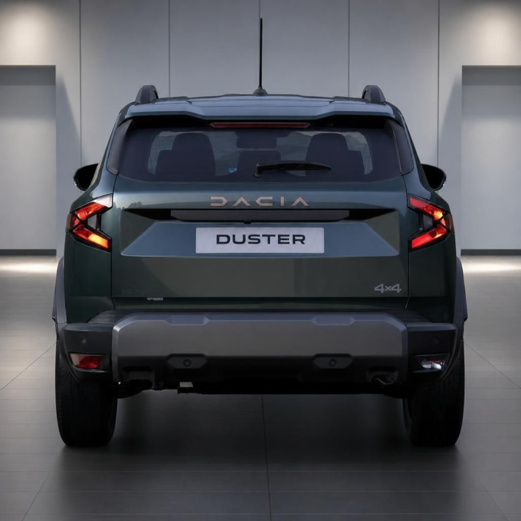 Dacia Duster SUV Heckansicht in graugrün metallic mit LED-Rücklichtern im modernen Showroom