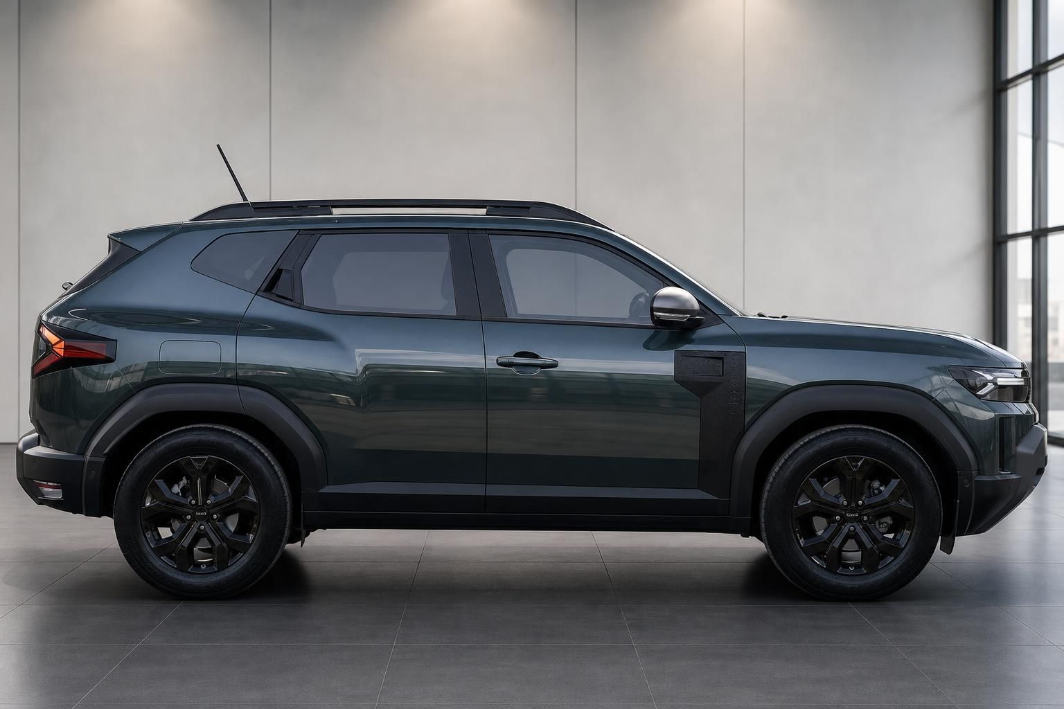 Dacia Duster SUV Seitenprofi grün metallic - kompakter Geländewagen mit schwarzen Designfelgen