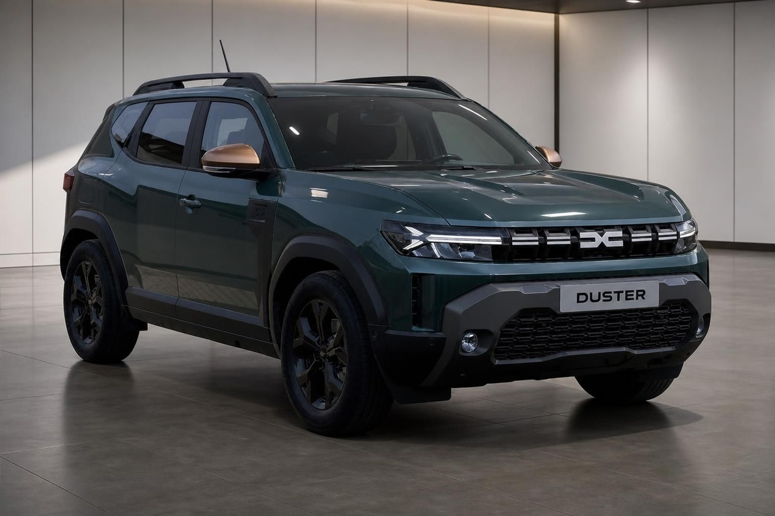 Dacia Duster SUV Dreiviertelansicht vorne in graugrün metallic mit schwarzen Felgen und Kupfer-Akzenten