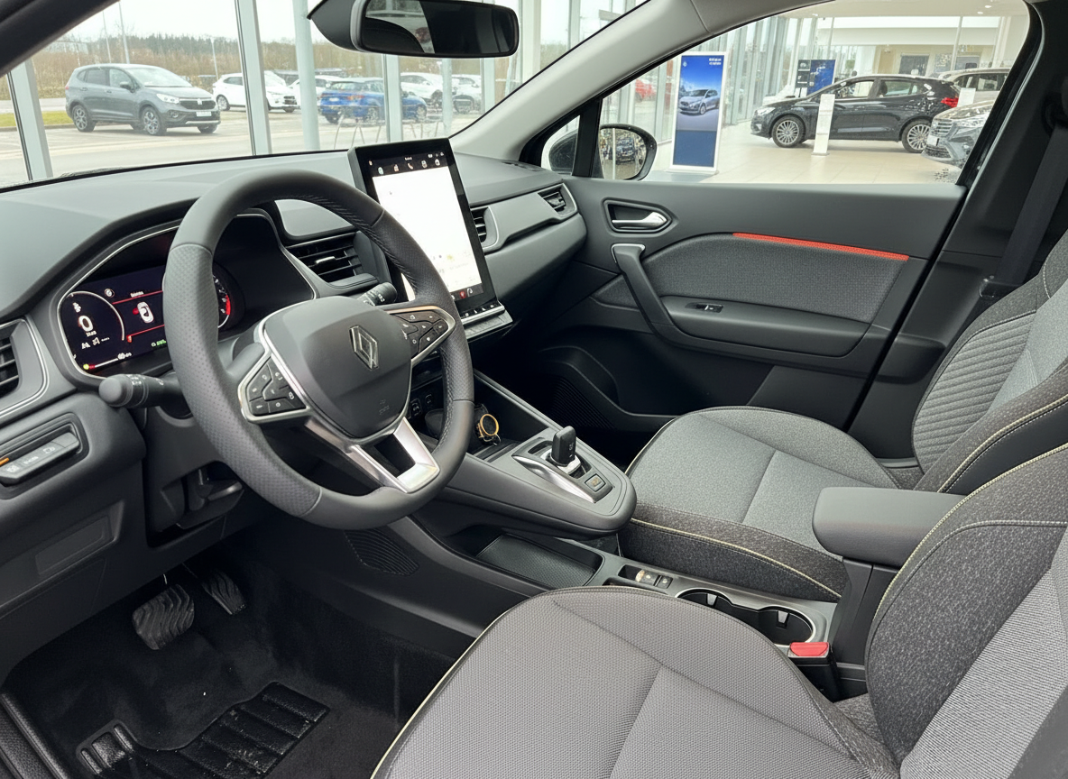 Renault Innenraum mit Lenkrad, digitalem Cockpit und Infotainment-Touchscreen in modernem Design