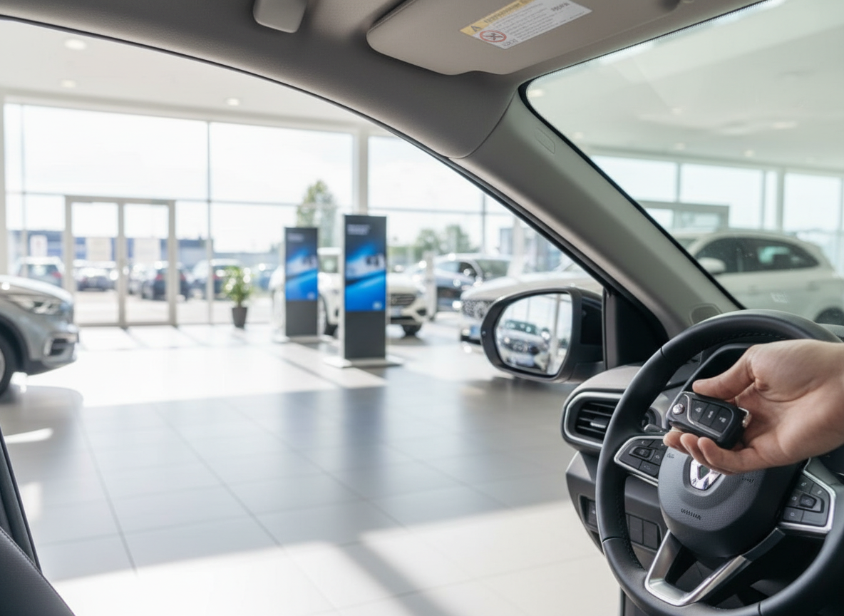 Volkswagen Innenraum mit Lenkrad und Fahrzeugschlüssel in Autohaus-Showroom