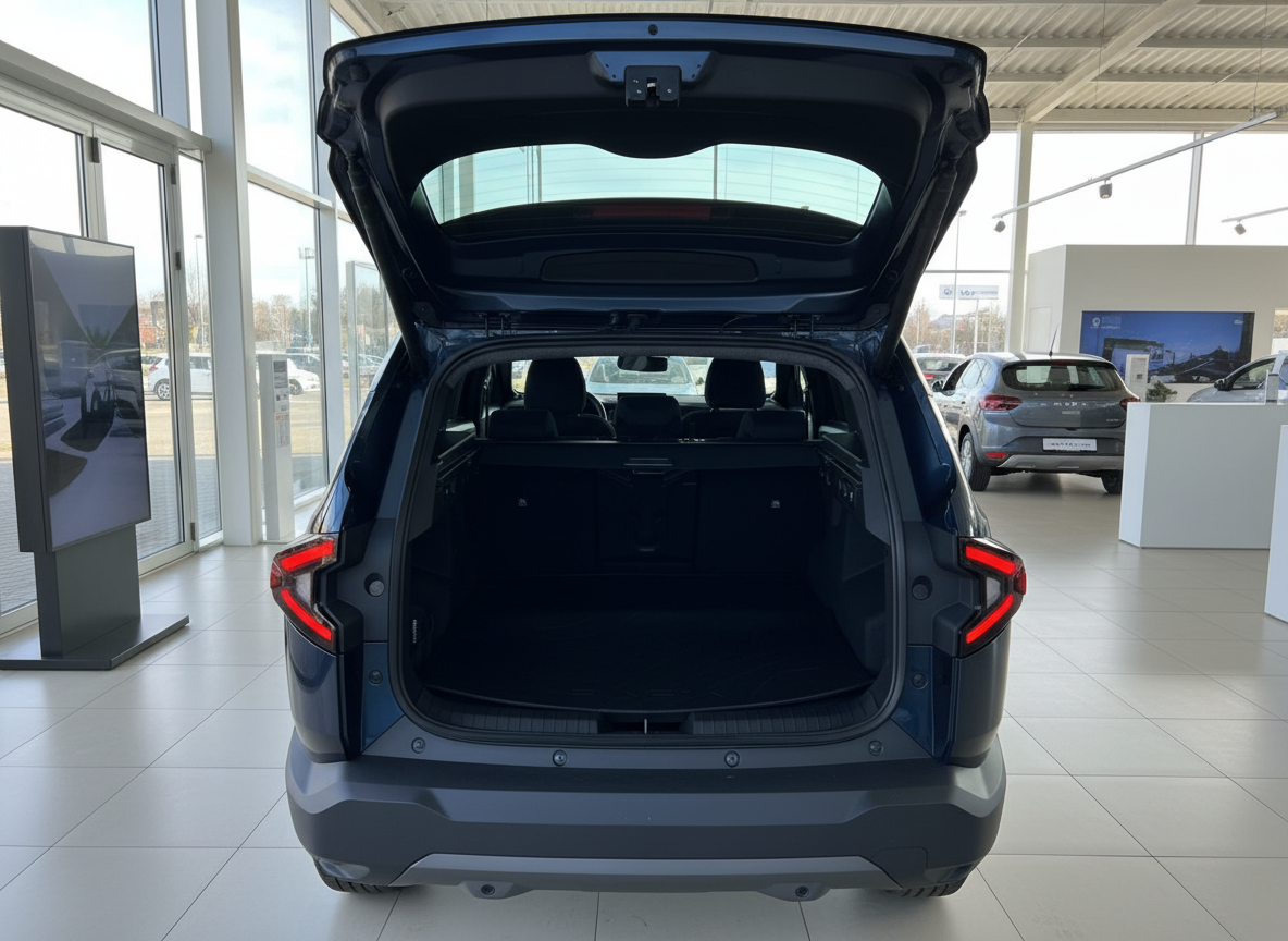 Dunkelblaues SUV mit geöffneter Heckklappe im Autohaus – geräumiger Kofferraum