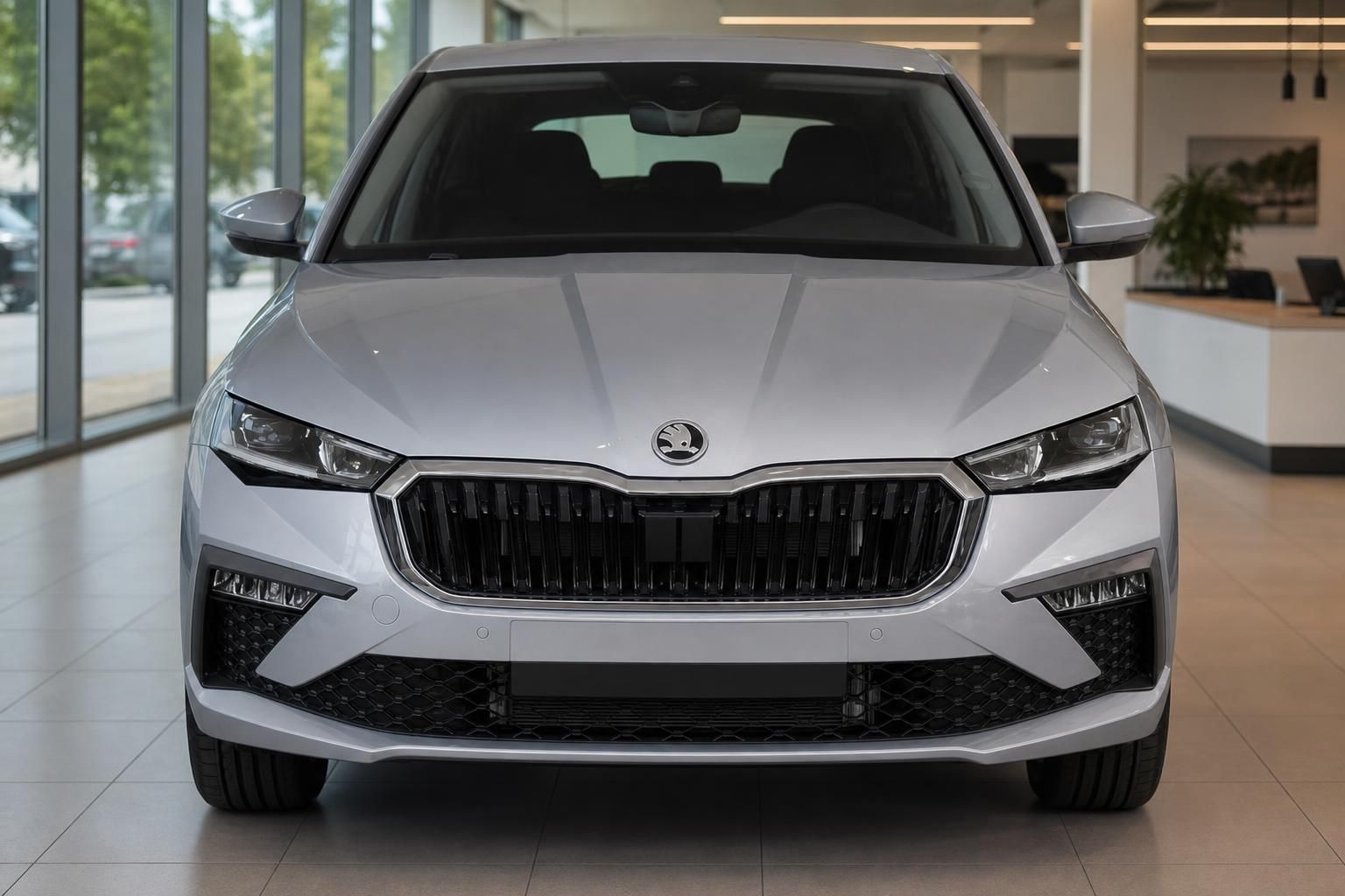 Škoda Octavia silber, Frontansicht im Autohaus-Showroom