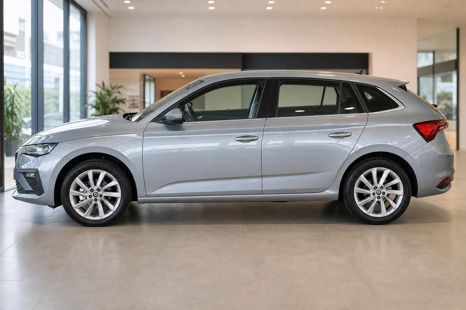 Škoda Scala silber, Seitenansicht im Autohaus