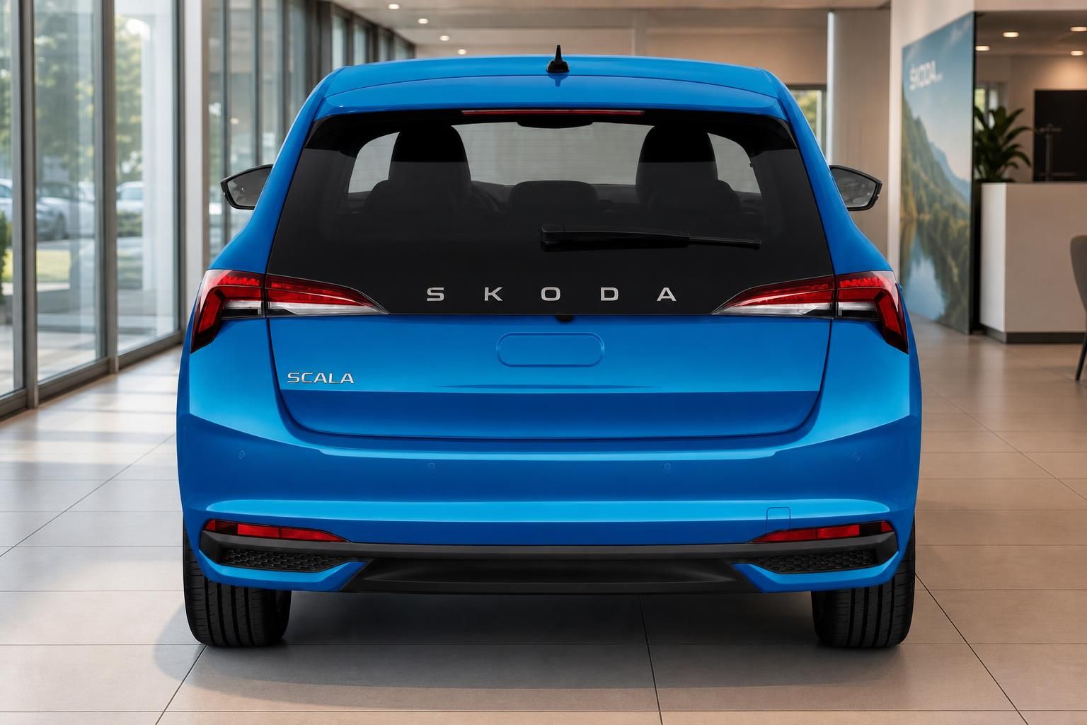 Škoda Scala blau, Heckansicht im Autohaus-Showroom