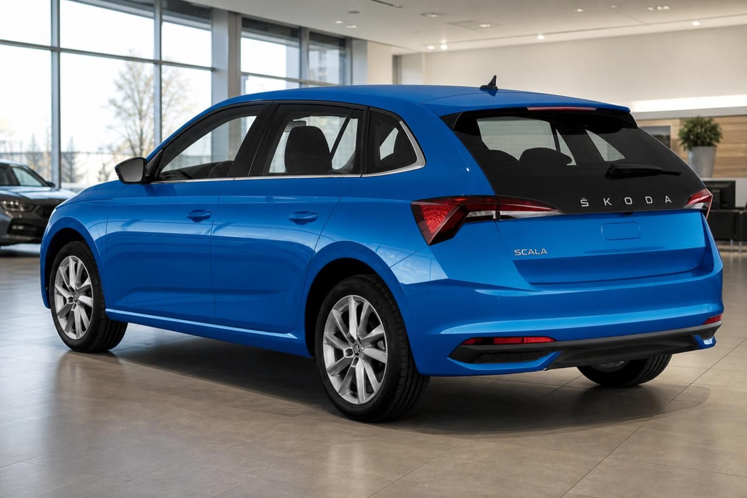Škoda Scala blau, Heckansicht schräg im Showroom