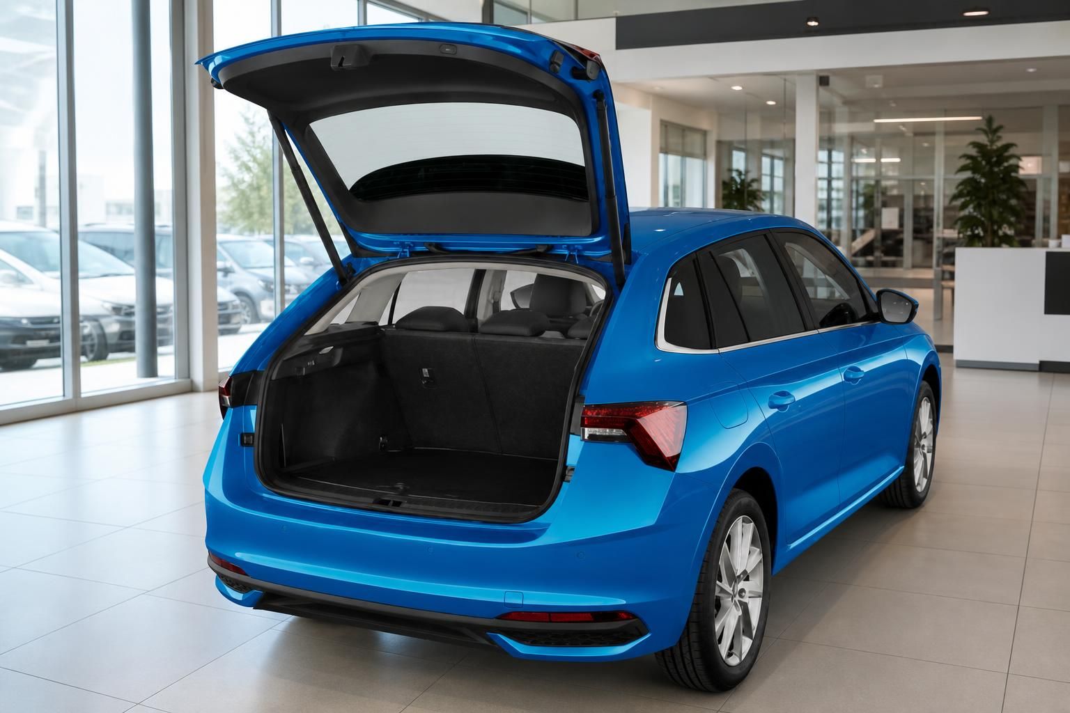 Blauer Skoda Kombi mit geoeffneter Heckklappe und Kofferraum im Autohaus