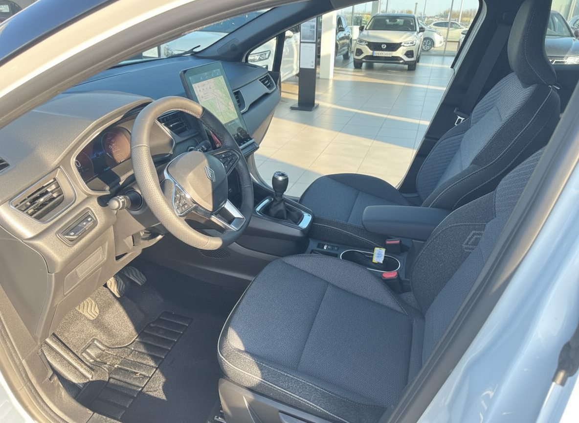 Renault Innenraum mit Lederlenkrad, großem Touchscreen und schwarzen Stoffsitzen in Showroom