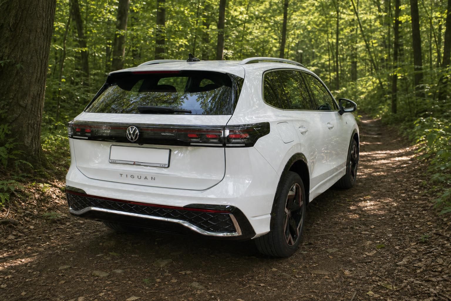 VW Tiguan weiss Heckansicht im Wald
