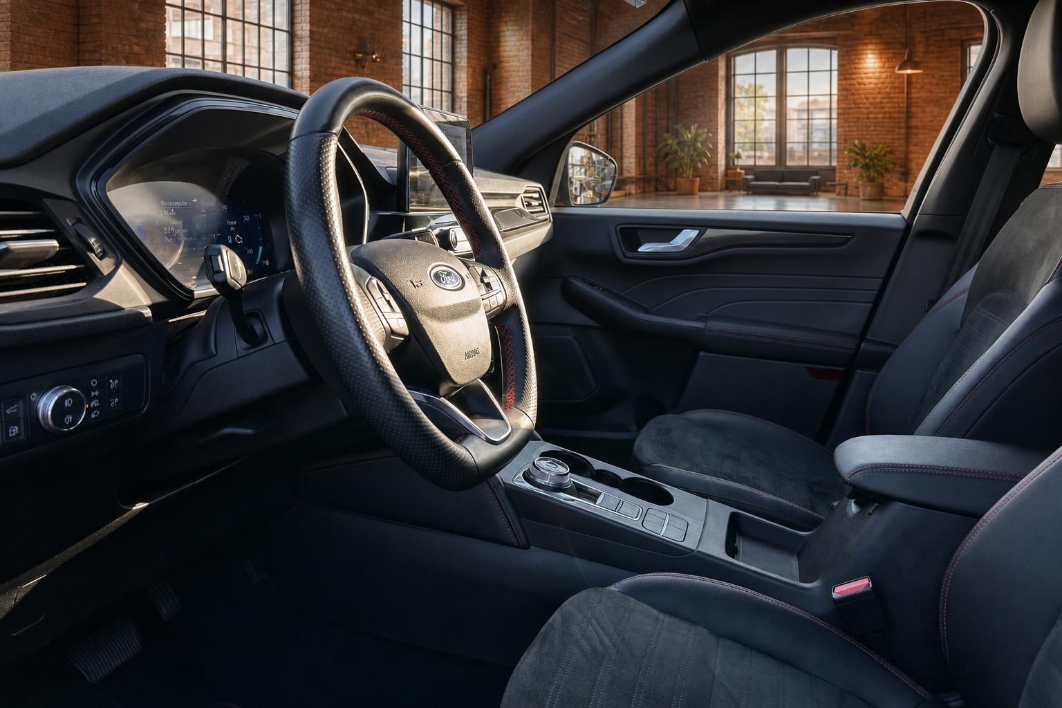 Ford Innenraum Fahrerseite mit Lenkrad, Cockpit und schwarzen Alcantara-Sitzen
