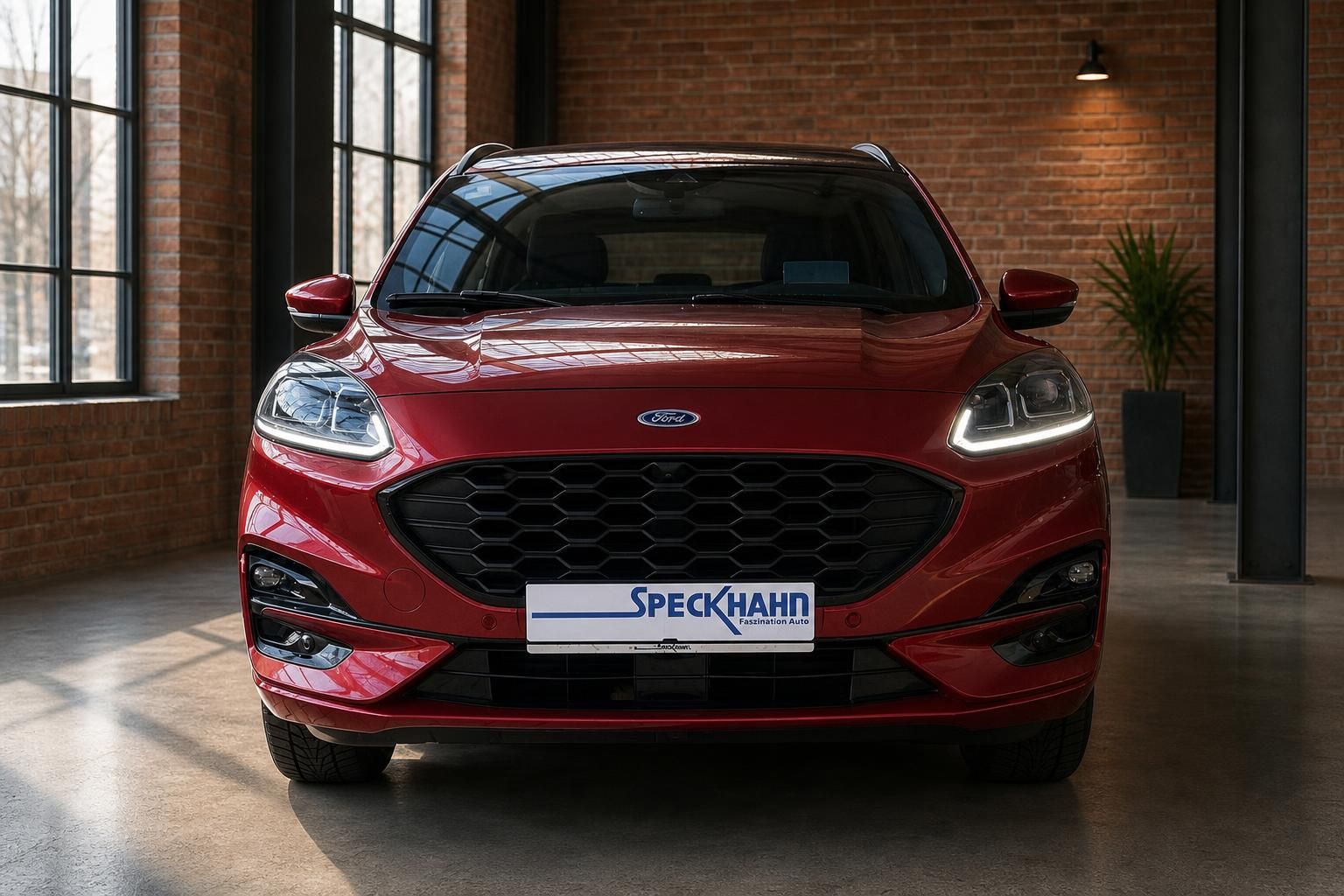 Ford Kuga rot Frontansicht im Showroom – SUV mit LED-Scheinwerfern und Wabengrill