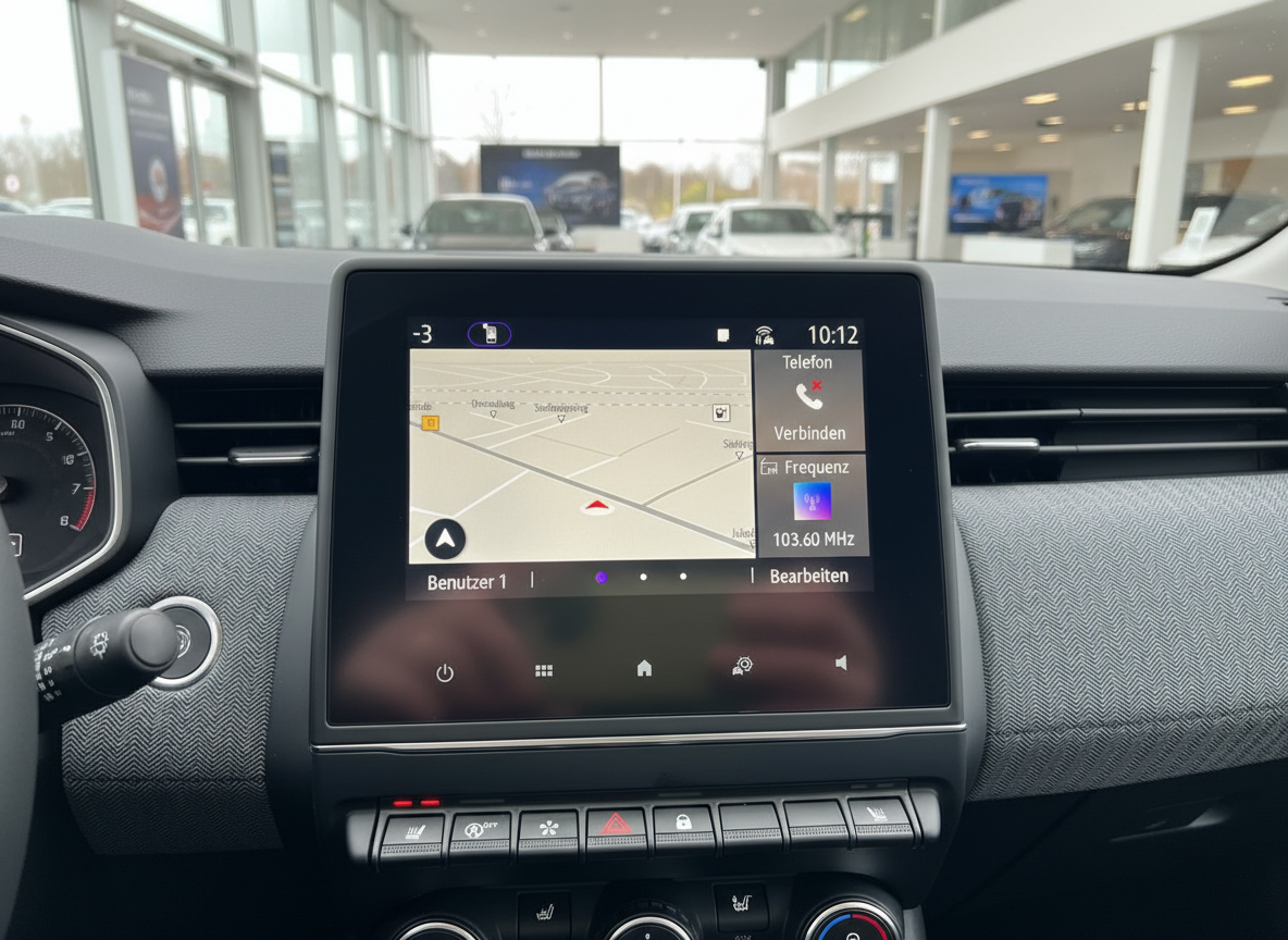 Renault Innenraum mit Infotainment-Display Navigation und Klimaanlage-Bedienfeld im Autohaus