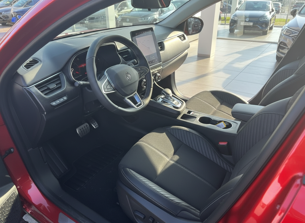 Renault Innenraum in Rot – modernes Cockpit mit Touchscreen, Ledersitze und Automatikgetriebe