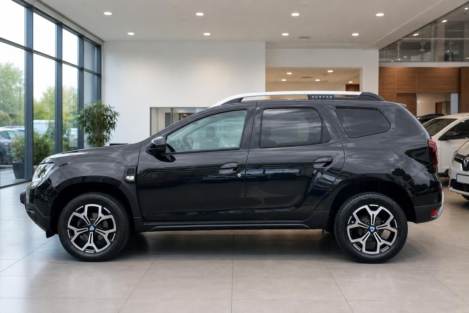 Dacia Duster schwarz in Seitenansicht im Autohaus