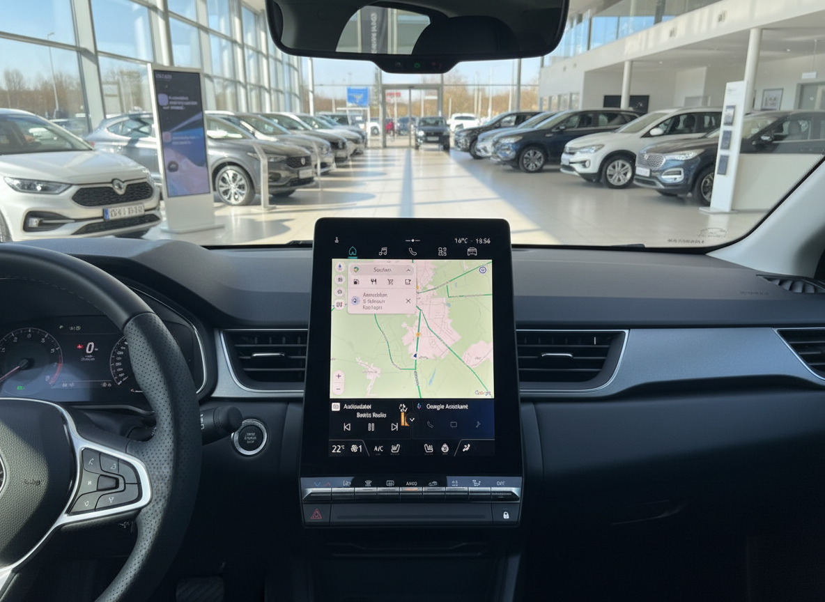 Renault Innenraum mit Infotainment-Touchscreen und Google Maps Navigation im Autohaus