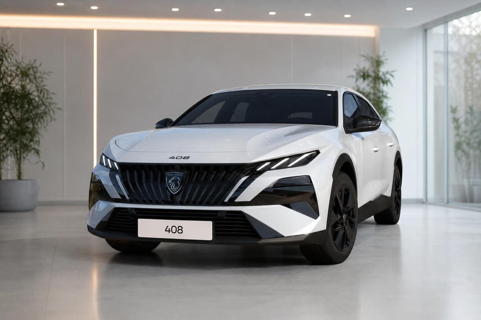Peugeot 408 weiß, Frontansicht im Showroom