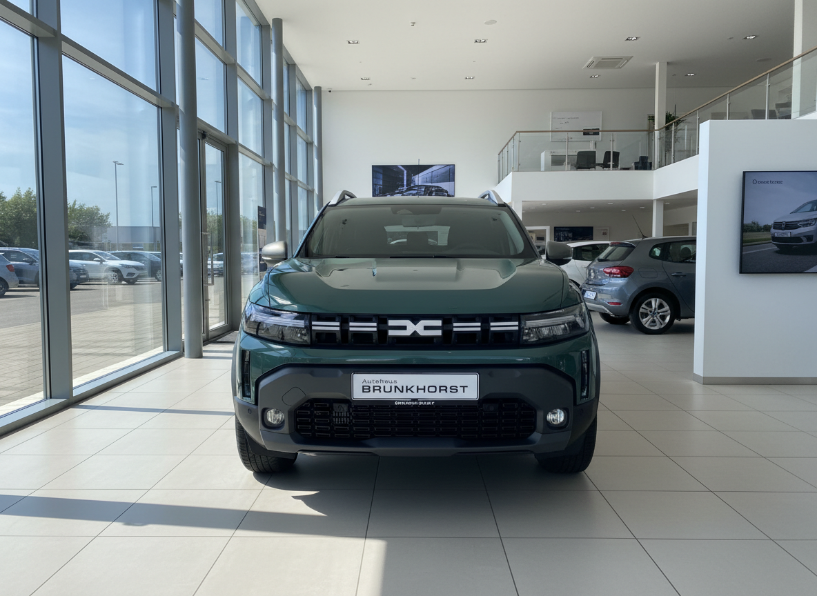 Dacia Duster SUV in Dunkelgrün Frontansicht im Autohaus Brunkhorst Showroom