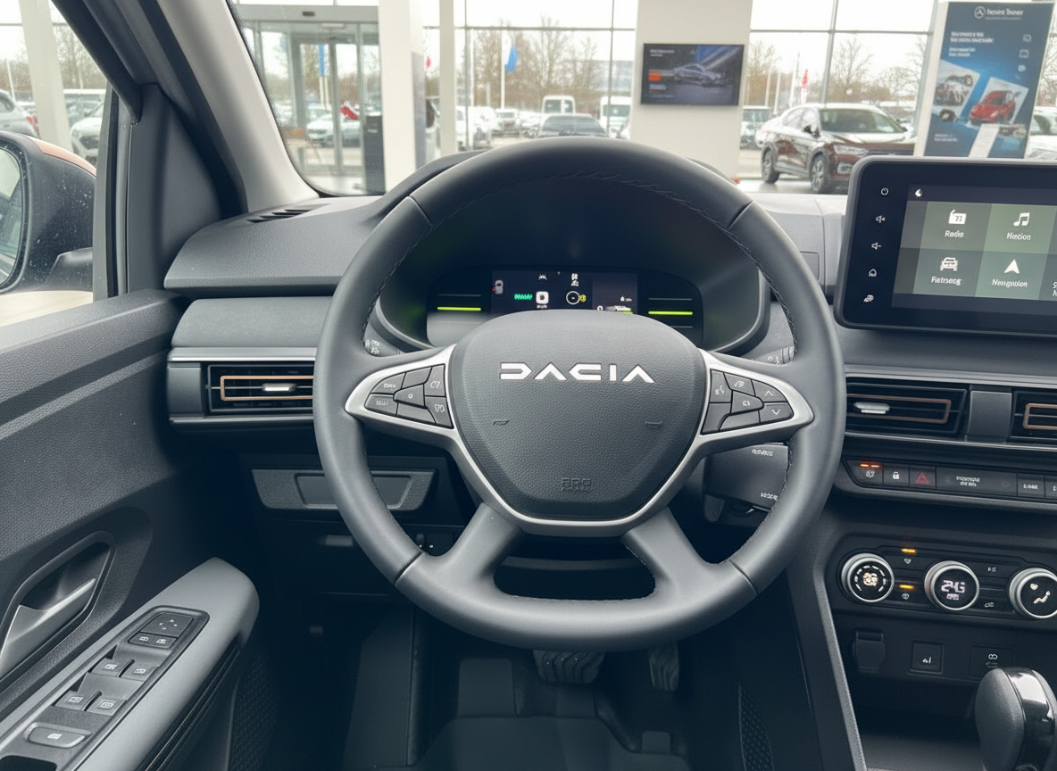 Dacia Innenraum Cockpit mit Lenkrad, digitalem Tacho und Infotainment-Display im Autohaus