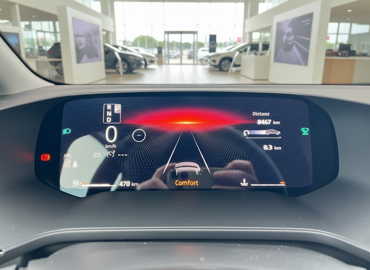 Digitales Kombiinstrument Innenraum mit Fahrerassistenzsystem-Anzeige im Autohaus