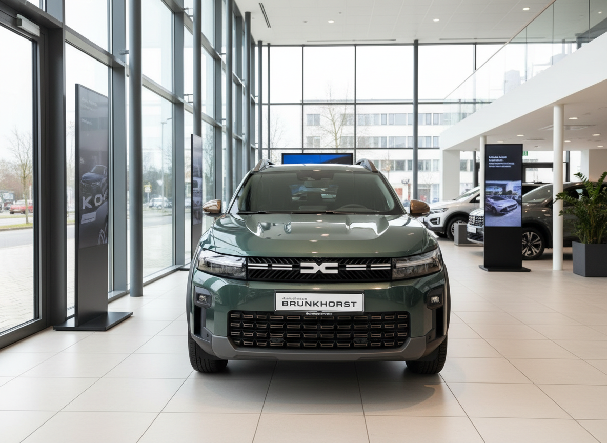 Dacia Duster SUV in Dunkelgrün Frontansicht im Autohaus Brunkhorst Showroom