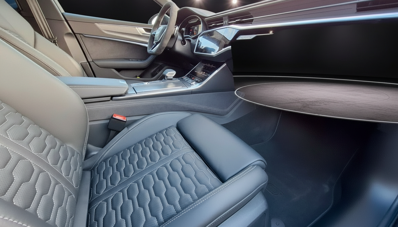 Audi Innenraum mit gemustertem Leder-Sportsitz, Mittelkonsole und digitalem Cockpit in Grau